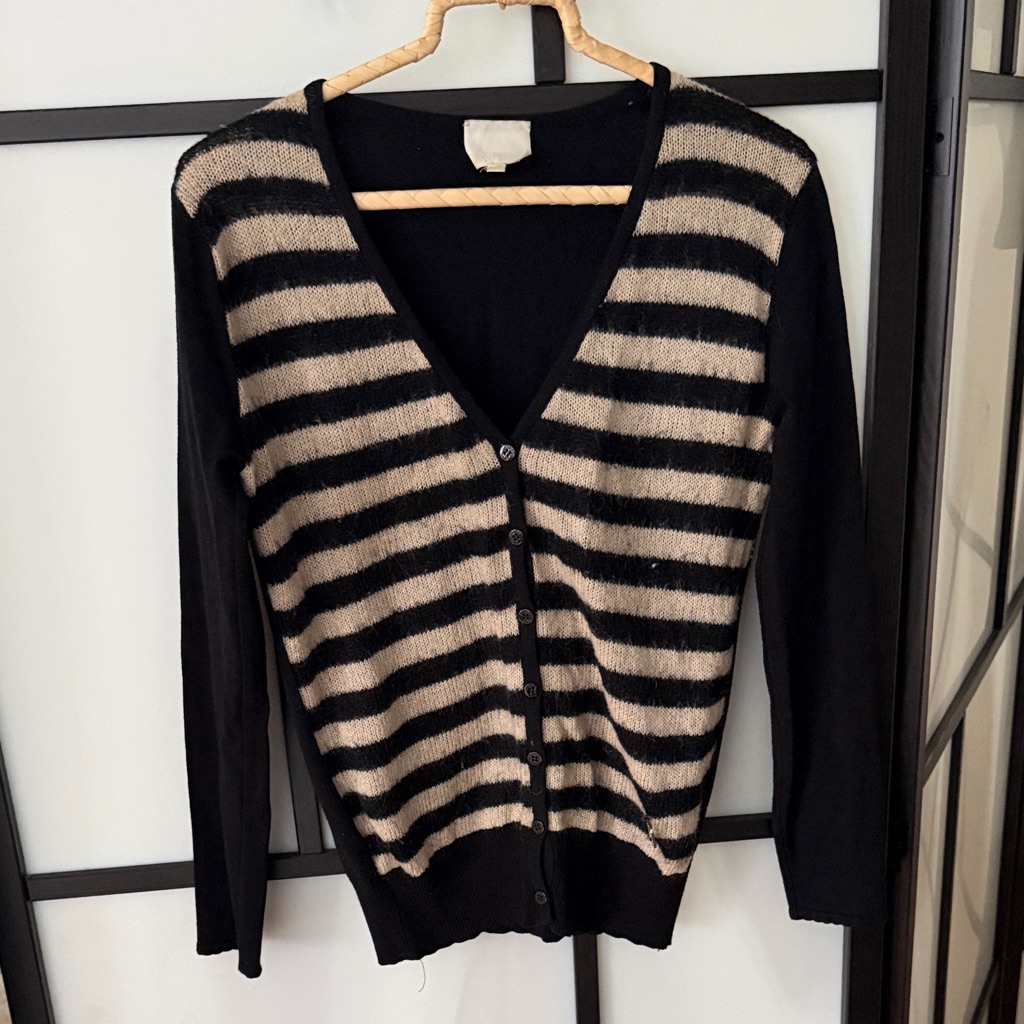 Gianfranco Ferre Black And Tan Striped V-Neck Sweater